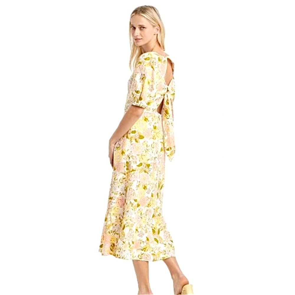 Last One Linen Floral Print Tie Back Midi Dress With Puff Sleeves & Side Pockets - Picture 9 of 11